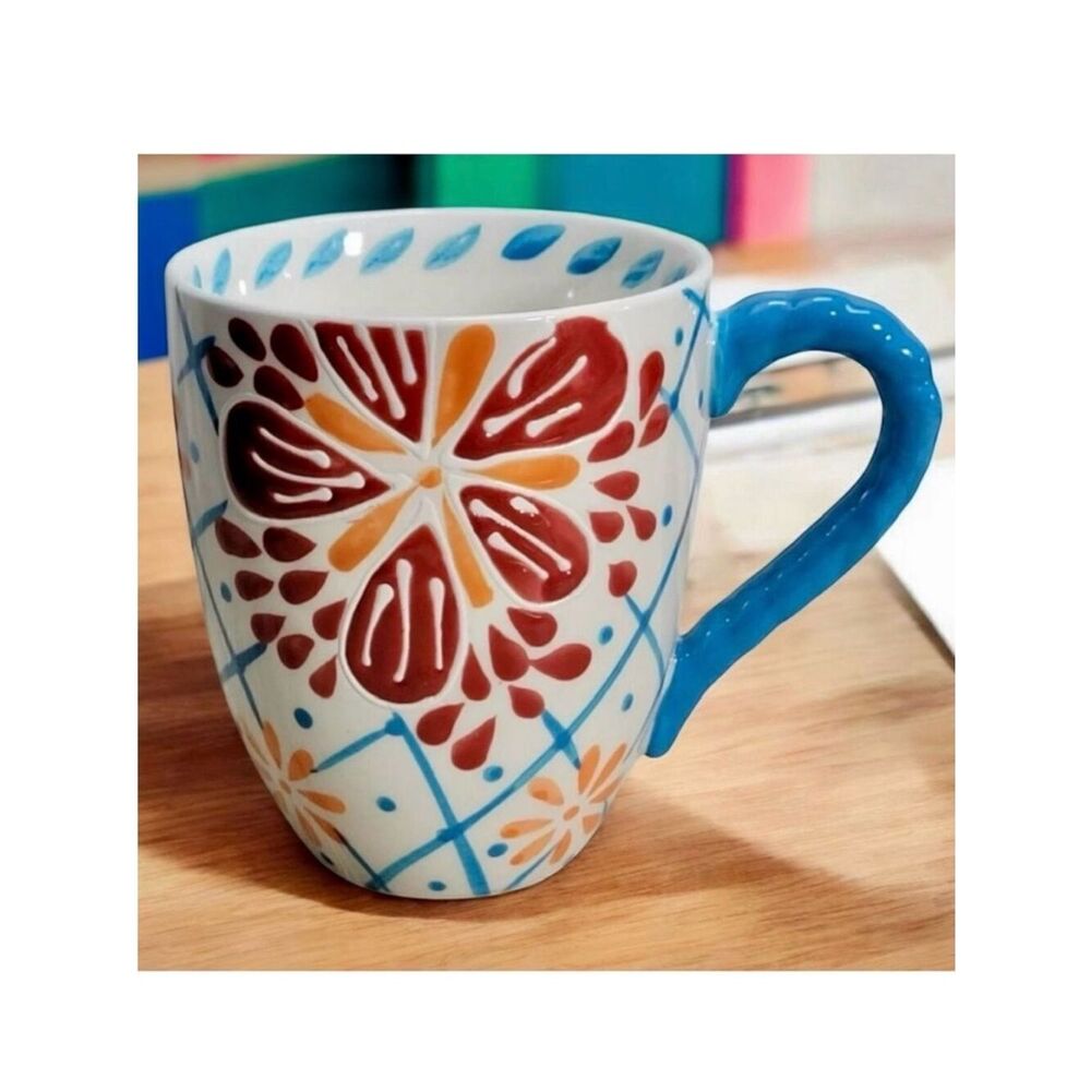 NWT Gorgeous Artistic Accents Relief Floral White, Red, Blue, Orange Ceramic Mug